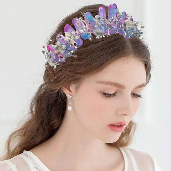 Raw Crystal Headband with Pearl Flowers, Quartz Rhinestone Bridal Tiara Crown He - Picture 4 of 6